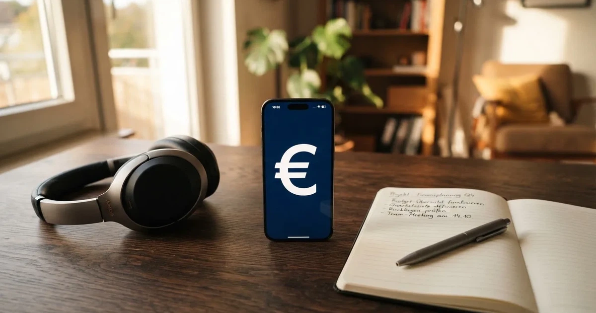 Ein Smartphone mit schwarzem Display liegt neben Kopfhörern auf einem Schreibtisch, daneben ein aufgeschlagenes Notizbuch.