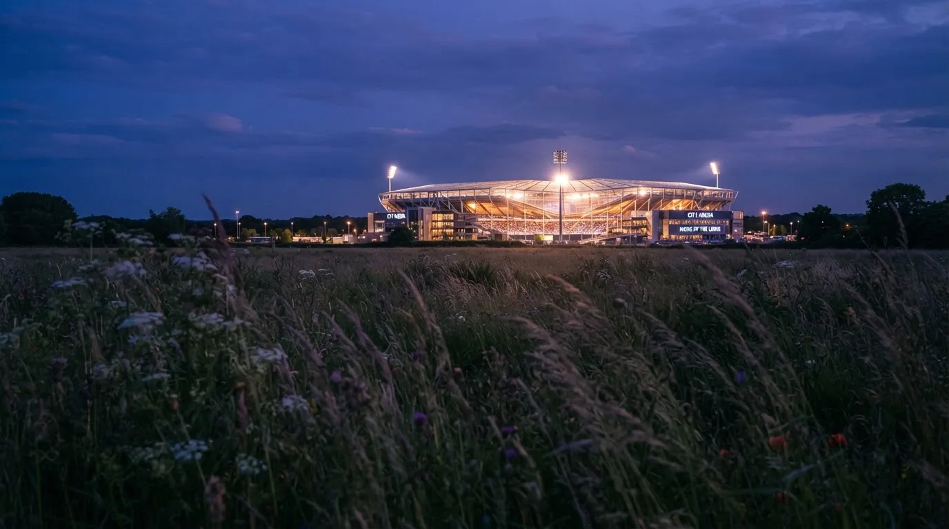 Ein hell beleuchtetes Stadion aus der Ferne in der Dämmerung, im Vordergrund ein Feld mit hohem Gras.