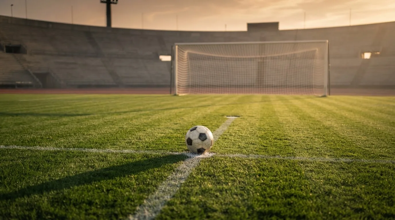 Ein Fußball liegt im Strafraum eines leeren Platzes, dahinter die Netze des Tores im Abendlicht.