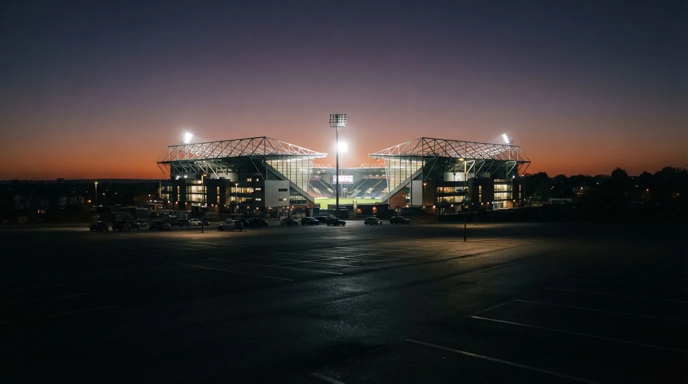 Ein Stadion unter Flutlicht aus großer Entfernung bei Einbruch der Dunkelheit, davor ein stiller Parkplatz.