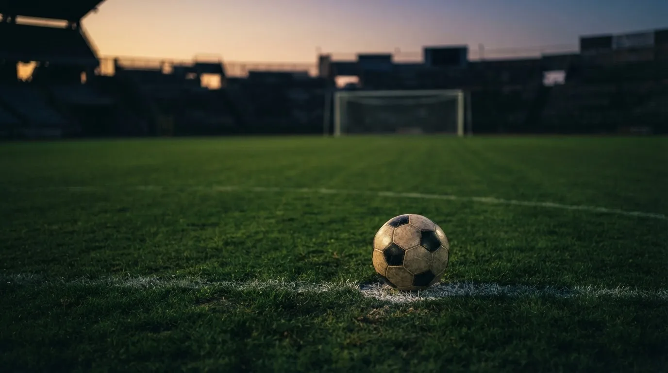 Ein Fußball liegt auf dem Elfmeterpunkt eines leeren Platzes im Abendlicht.