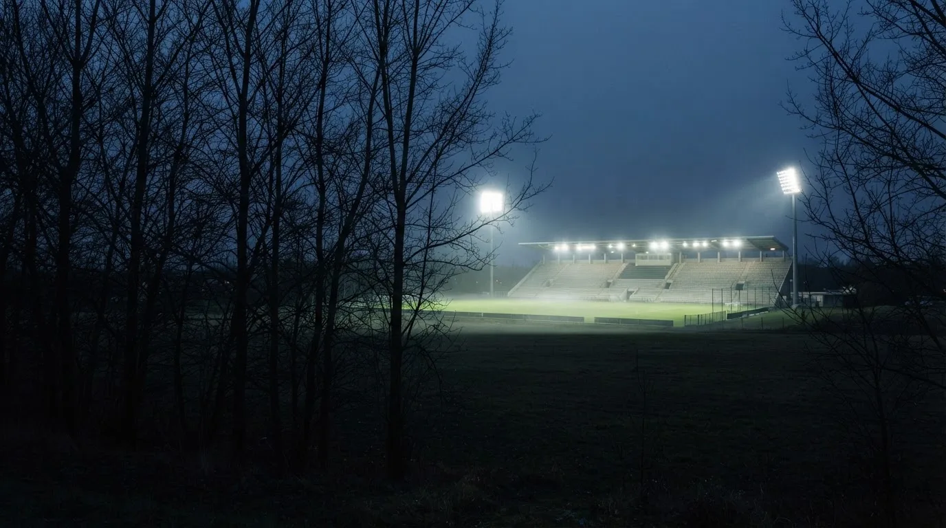 Ein Stadion unter Flutlicht, aus großer Entfernung gesehen, davor eine Reihe kahler Bäume im Dämmerlicht.