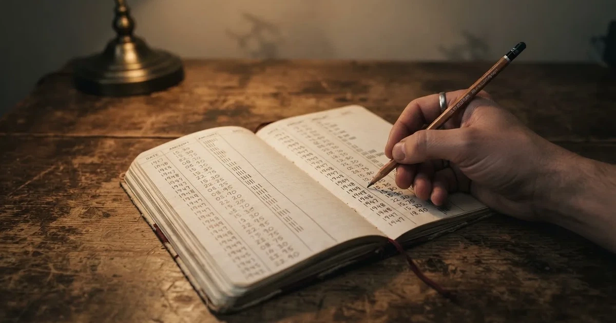Ein Notizbuch mit handschriftlichen Zahlenreihen und Strichlisten liegt neben einem Taschenrechner auf einem Schreibtisch.