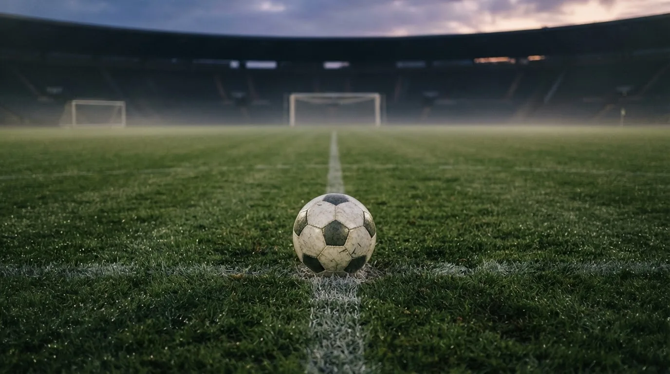 Ein Fußball auf dem Mittelkreis eines leeren Rasenplatzes im frühen Morgenlicht.