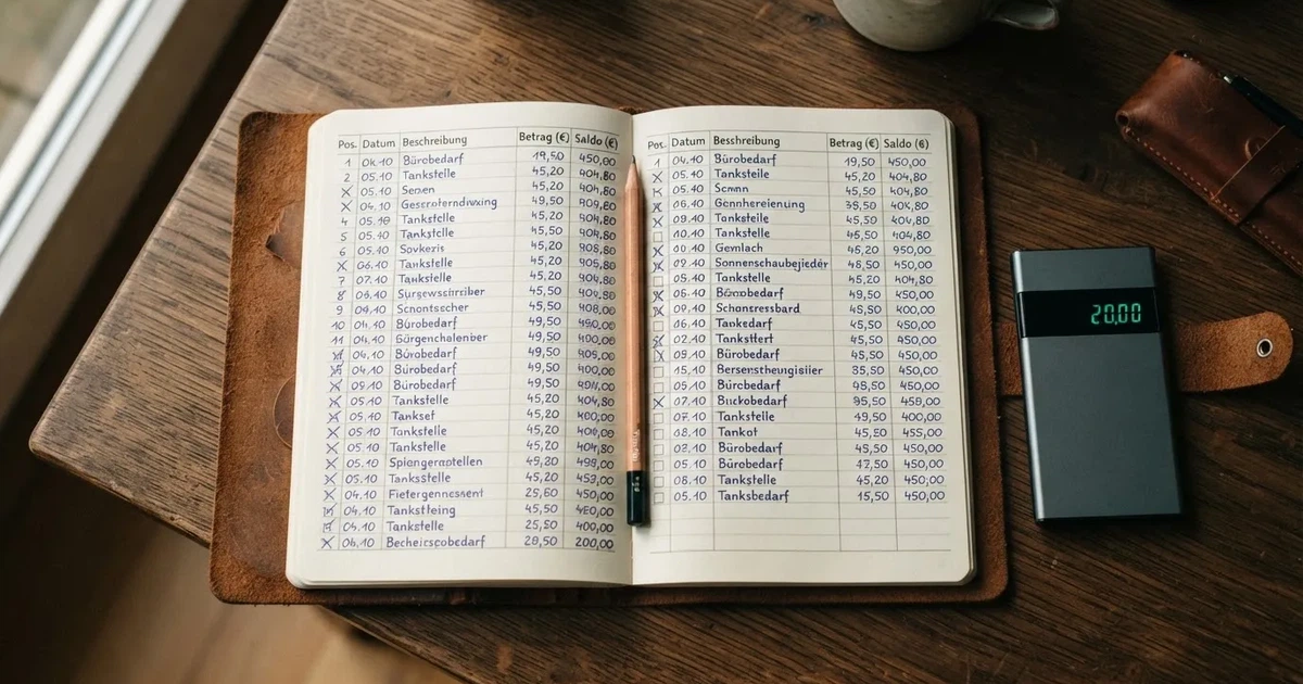 Ein Notizbuch mit handschriftlichen Zahlenreihen und Kästchen liegt neben einem Taschenrechner und einem Bleistift auf einem Schreibtisch.