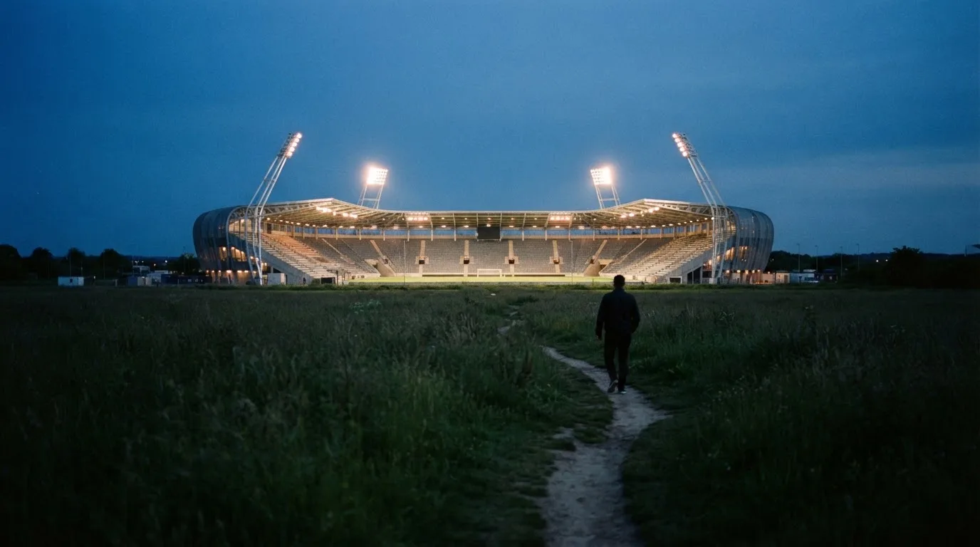 Ein beleuchtetes Stadion aus großer Distanz am Abend, im Vordergrund ein Feldweg.
