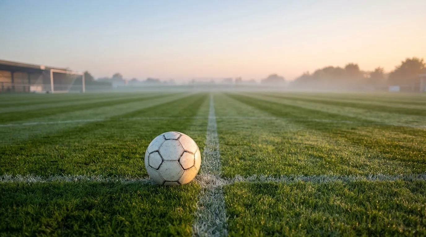 Ein Fußball liegt am Rand des Mittelkreises auf einem leeren Rasenplatz bei Sonnenaufgang.