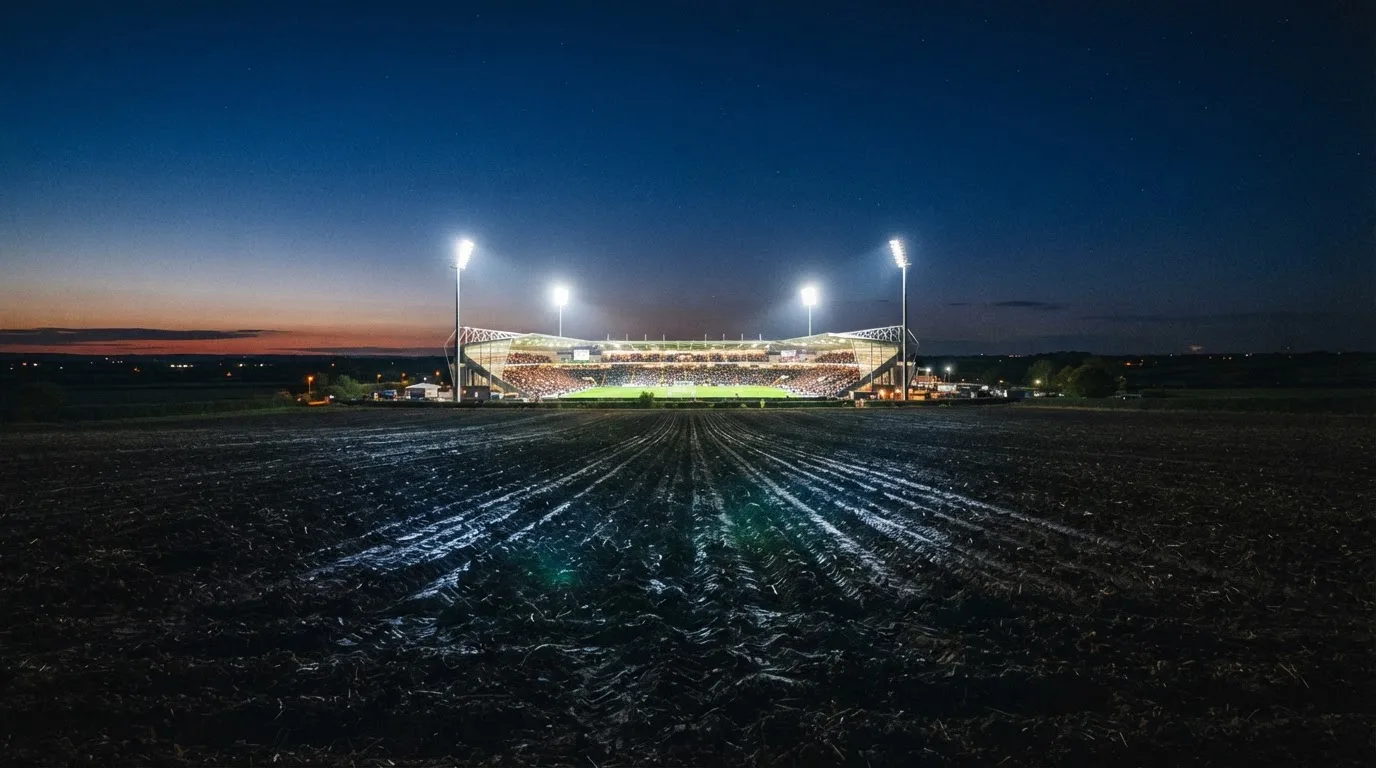 Ein Stadion unter Flutlicht aus großer Entfernung, davor ein dunkler Acker im Abendlicht.