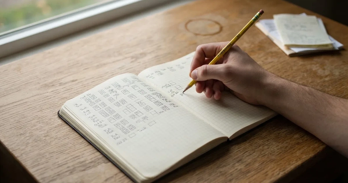 Ein Notizbuch mit handschriftlichen Kästchen und Linien liegt neben einem Bleistift und einem Taschenrechner auf einem Schreibtisch.