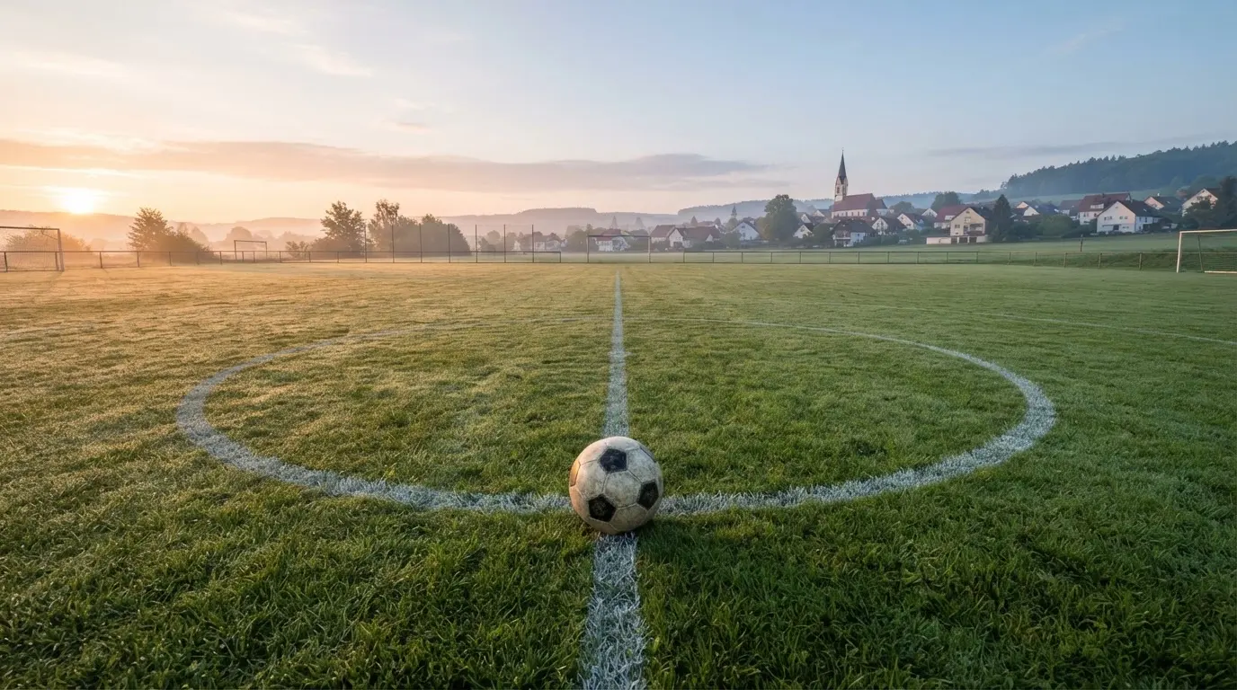 Ein Fußball auf dem Rasen eines leeren Sportplatzes am Rand einer Kleinstadt im Morgenlicht.
