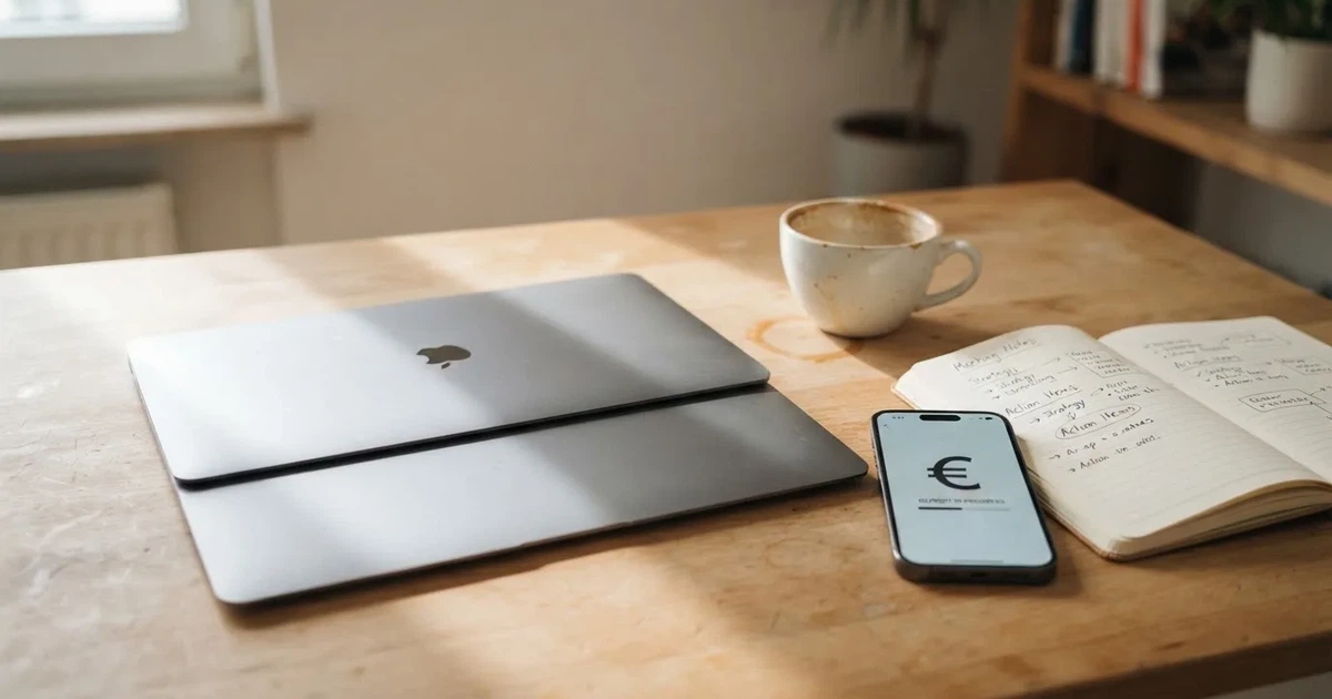 Ein Laptop mit geschlossenem Deckel steht neben einer Kaffeetasse und einem Notizbuch auf einem hellen Schreibtisch.