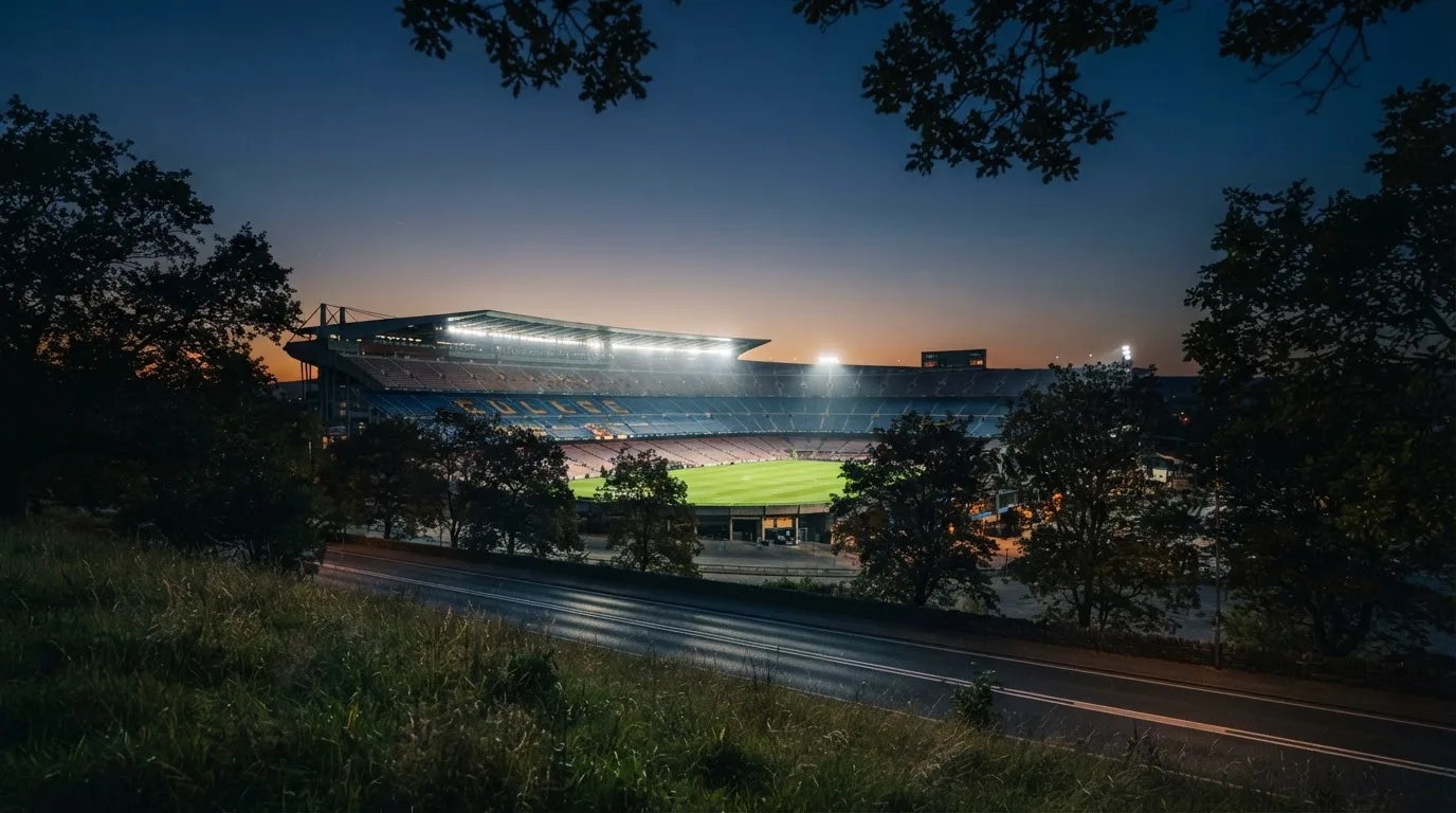 Ein Stadion unter Flutlicht, von einer Anhöhe aus gesehen, davor ein stiller Weg in der Dämmerung.
