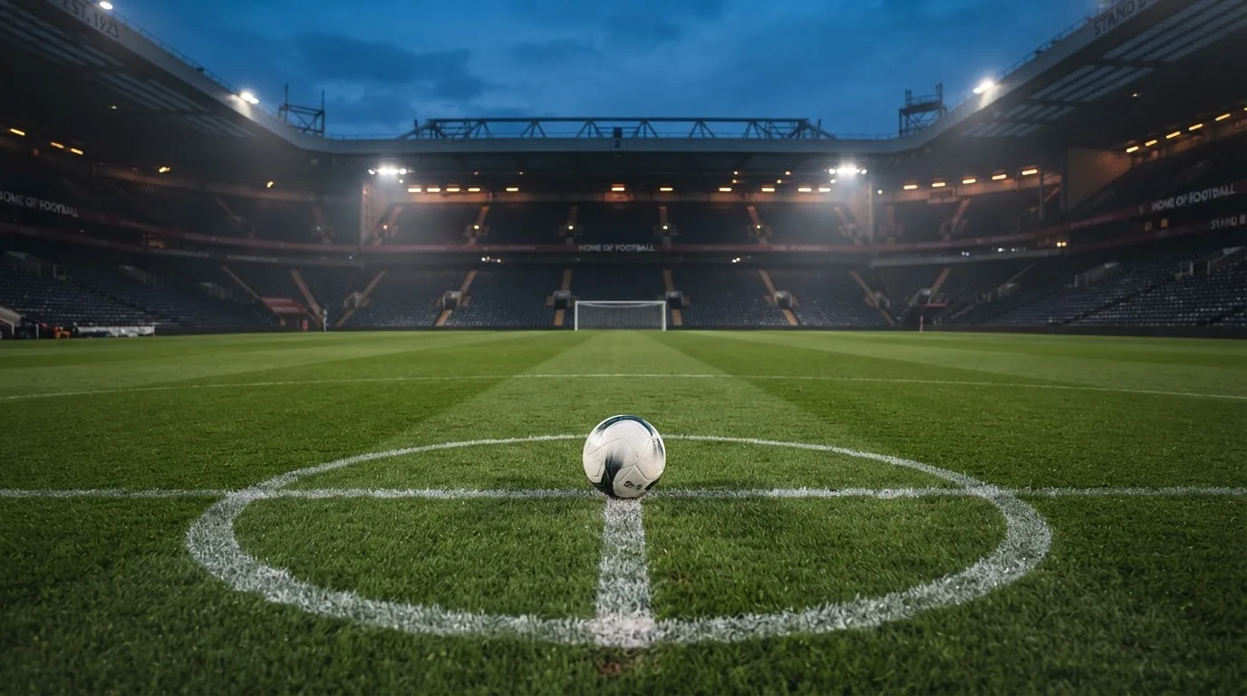 Ein Fußball liegt auf dem Anstoßpunkt eines leeren Rasenplatzes, im Hintergrund ein Stadion unter Flutlicht in der Abenddämmerung.