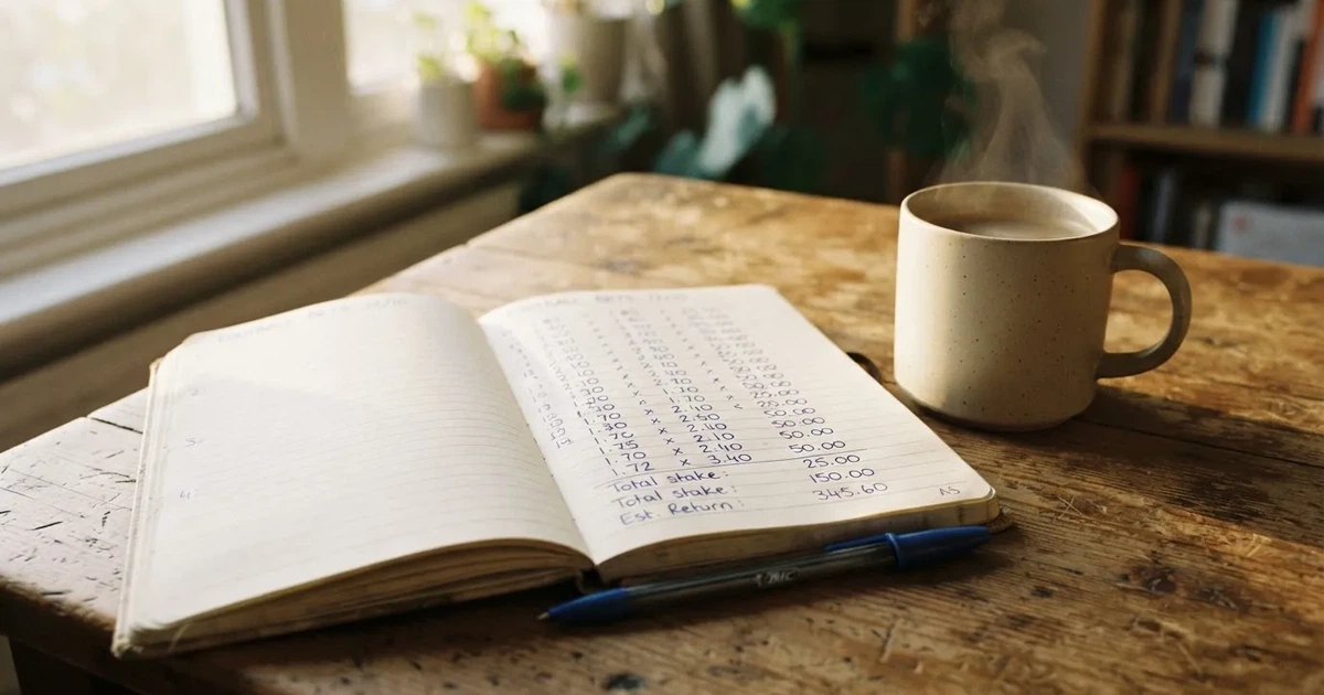 Ein Notizbuch mit handschriftlichen Rechnungen und ein Taschenrechner liegen auf einem Schreibtisch neben einer Tasse Kaffee im Licht des frühen Morgens.