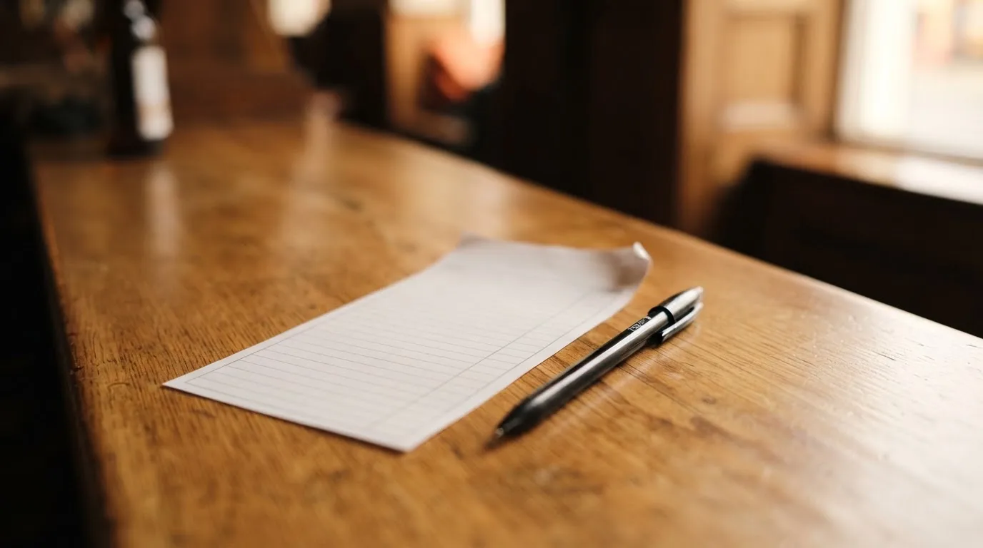 Ein leerer Wettschein aus Papier liegt neben einem Stift auf einer hölzernen Theke, weiches Licht fällt von der Seite ein.