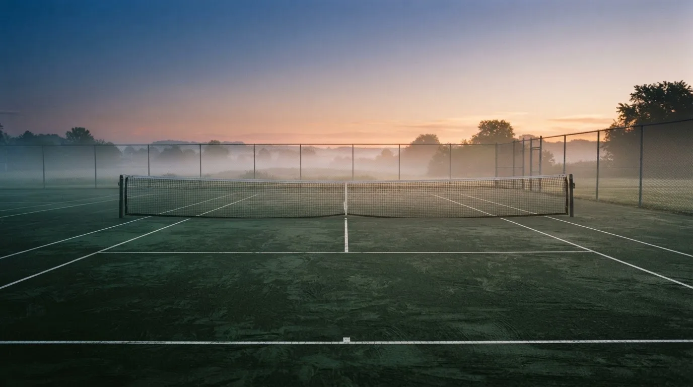 Ein Tennisplatz im Morgengrauen, das Netz und die Linien liegen im Tau, im Hintergrund leichter Nebel und kein Mensch zu sehen.