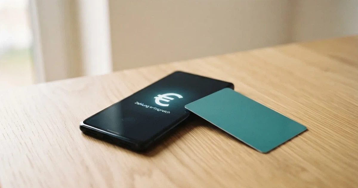Ein Smartphone mit dunklem Display liegt neben einer schlichten Plastikkarte ohne Aufdruck auf einem hellen Schreibtisch.