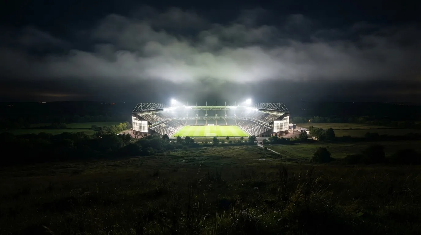Ein Stadion unter Flutlicht, aus großer Entfernung über eine dunkle Wiese fotografiert, am Himmel zieht Nebel auf.