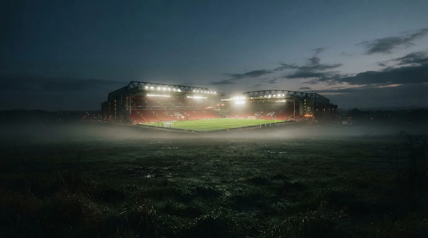 Ein Stadion unter Flutlicht, aus großer Entfernung über eine dunkle Wiese fotografiert, am Himmel zieht Nebel auf.