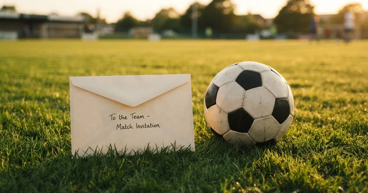 Ein verschlossener leerer Briefumschlag liegt neben einem Fußball auf grünem Rasen im warmen Licht des Nachmittags.