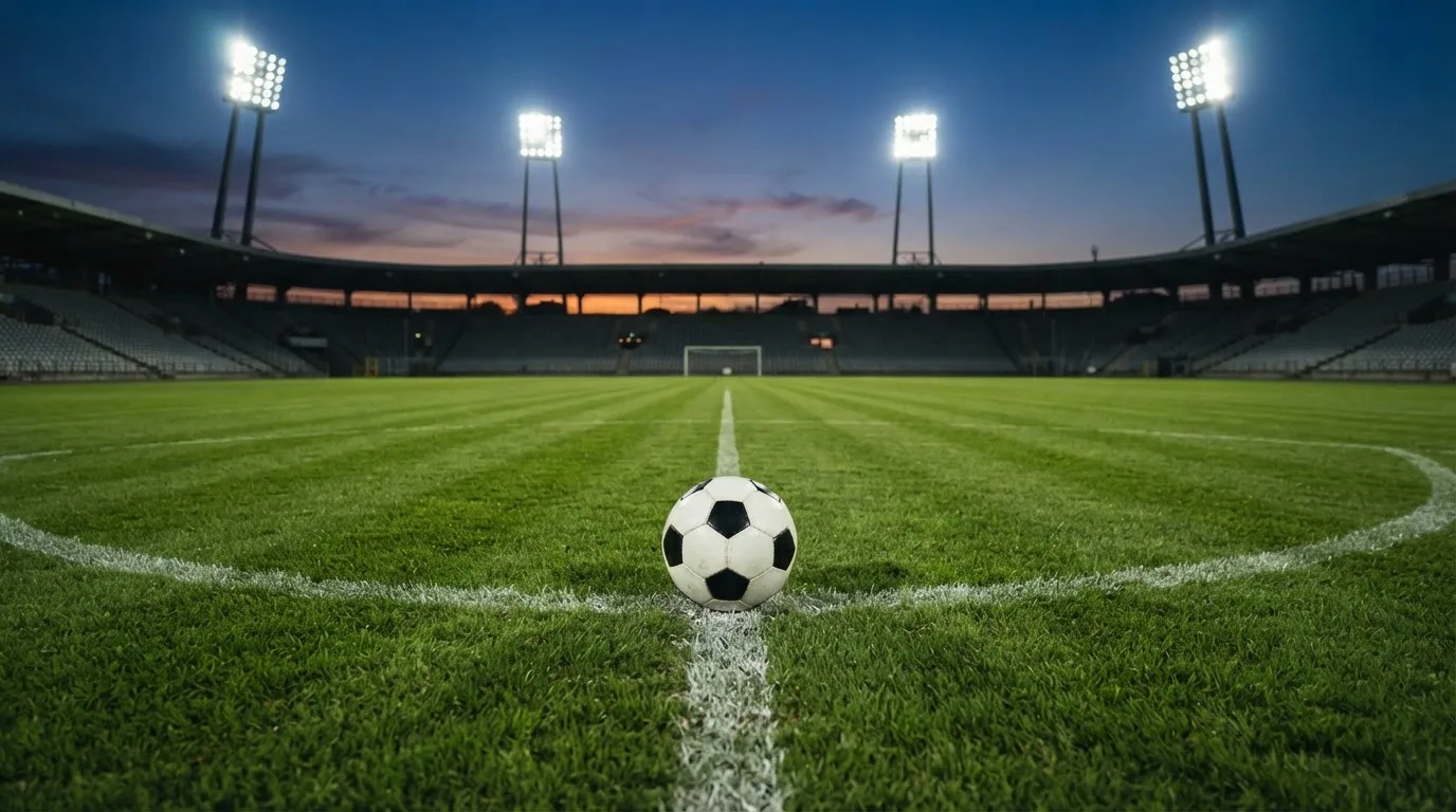 Ein Fußball liegt auf dem Anstoßpunkt eines leeren Rasenplatzes, im Hintergrund steht ein Stadion unter Flutlicht in der Dämmerung.