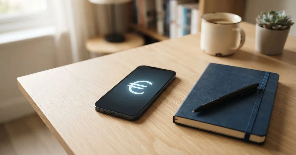 Ein Smartphone liegt neben einem Notizbuch und einem Kugelschreiber auf einem hellen Schreibtisch, das Display ist ausgeschaltet.