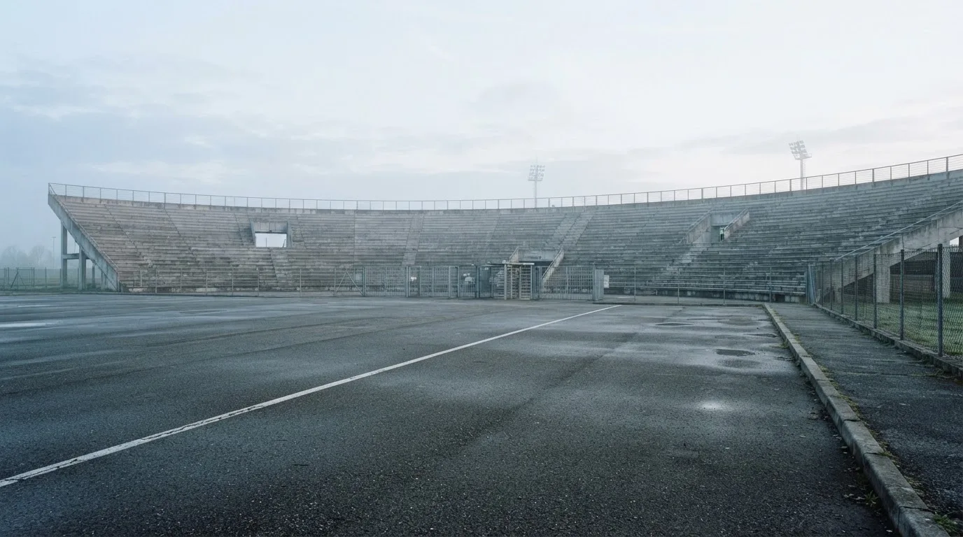 Eine leere Tribüne eines kleinen Stadions am frühen Morgen, aus der Ferne über einen menschenleeren Parkplatz fotografiert.