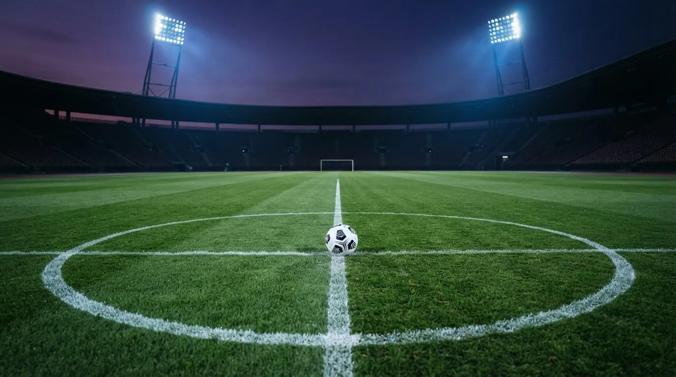 Ein Fußball liegt auf dem Rasen eines leeren Platzes, im Hintergrund ein Stadion unter Flutlicht in der Abenddämmerung.