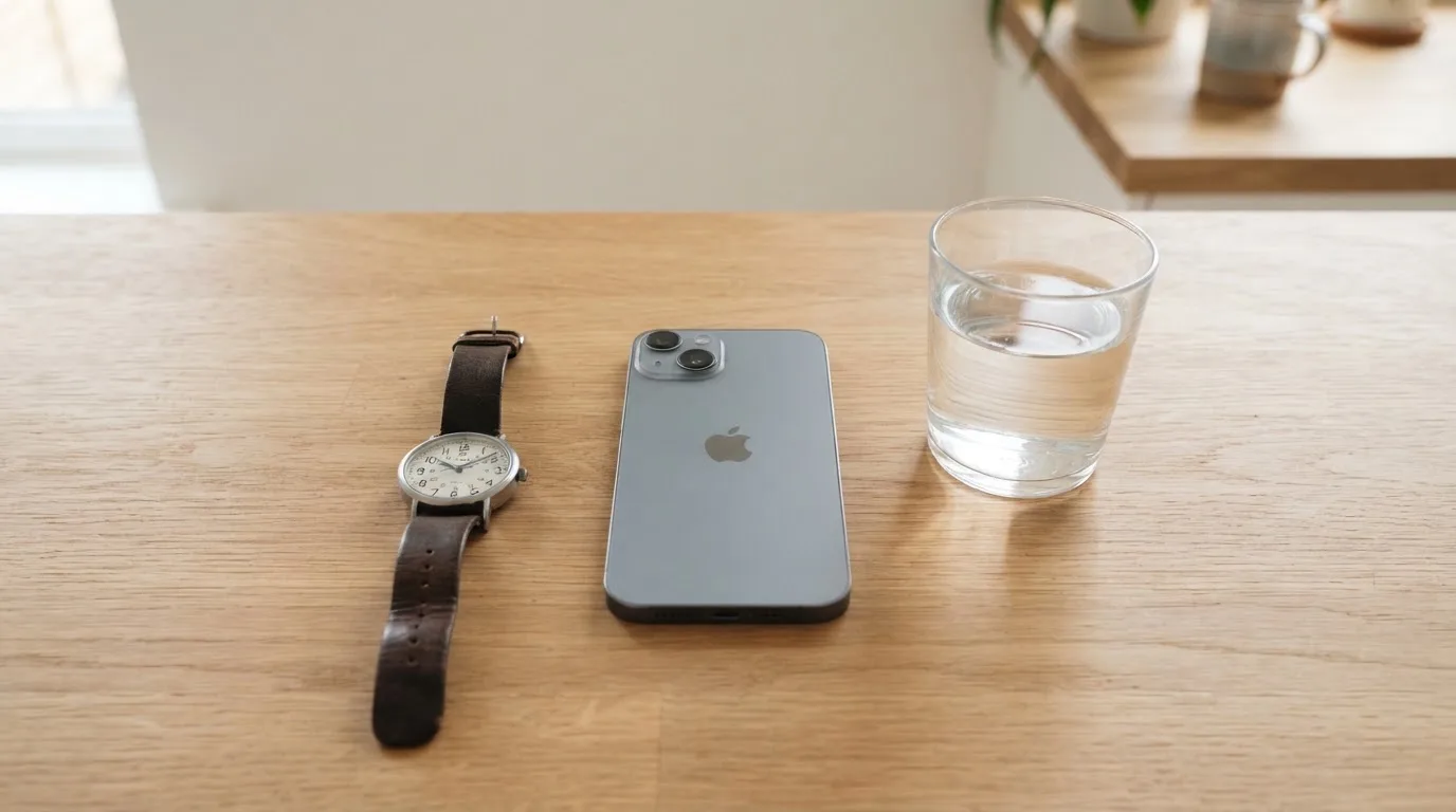 Ein Smartphone liegt mit dem Display nach unten auf einem Küchentisch, daneben stehen ein Glas Wasser und eine Armbanduhr.