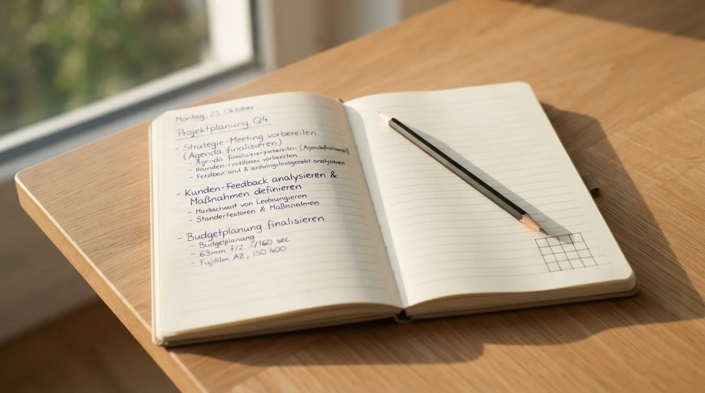 Ein Notizbuch mit handschriftlichen Notizen und ein Bleistift liegen auf einem Schreibtisch am Fenster, draußen fällt Morgenlicht herein.