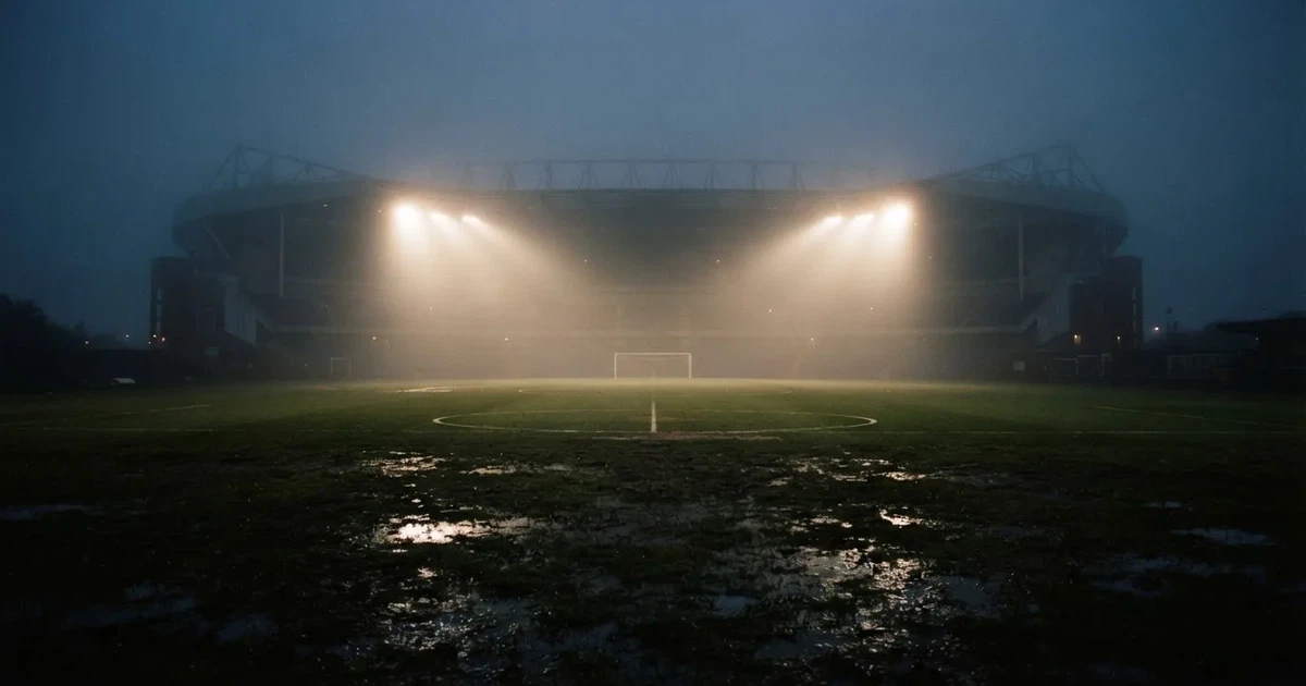 Ein Stadion unter Flutlicht, aus großer Entfernung über eine dunkle Wiese fotografiert, am Himmel zieht Nebel auf.