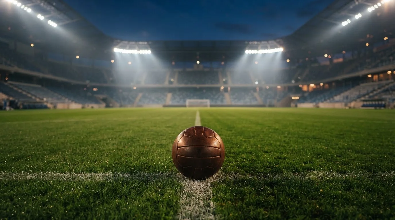 Ein Fußball liegt auf dem Anstoßpunkt eines leeren Rasenplatzes, im Hintergrund steht ein Stadion unter Flutlicht in der Dämmerung.