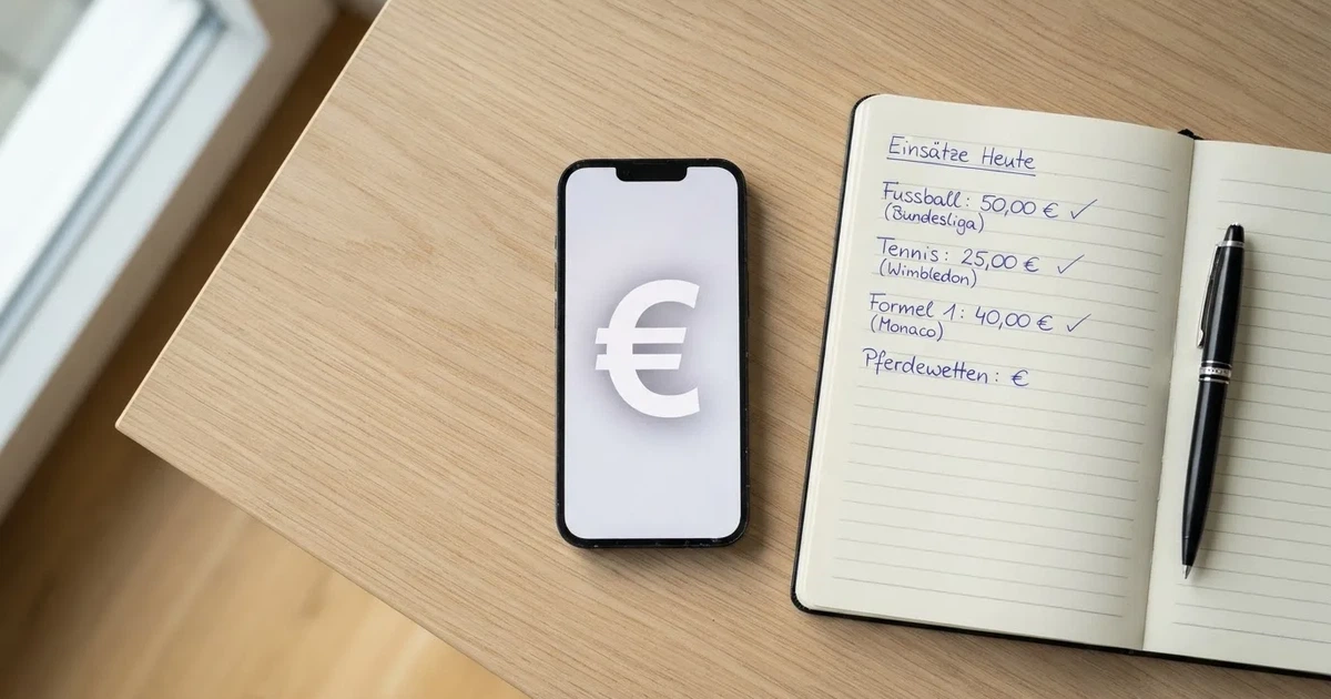 Ein Smartphone liegt neben einem Notizbuch und einem Kugelschreiber auf einem hellen Schreibtisch, das Display ist ausgeschaltet.