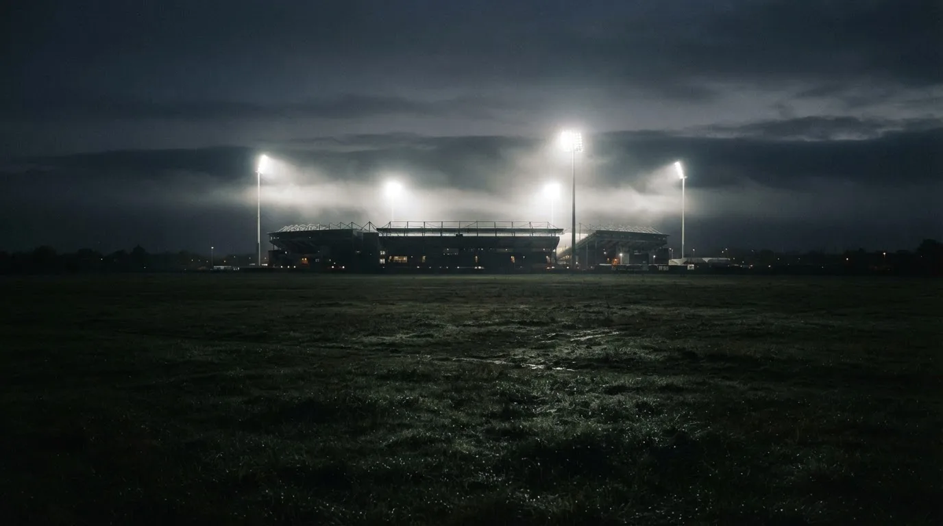 Ein Stadion unter Flutlicht, aus großer Entfernung über eine dunkle Wiese fotografiert, am Himmel zieht Nebel auf.