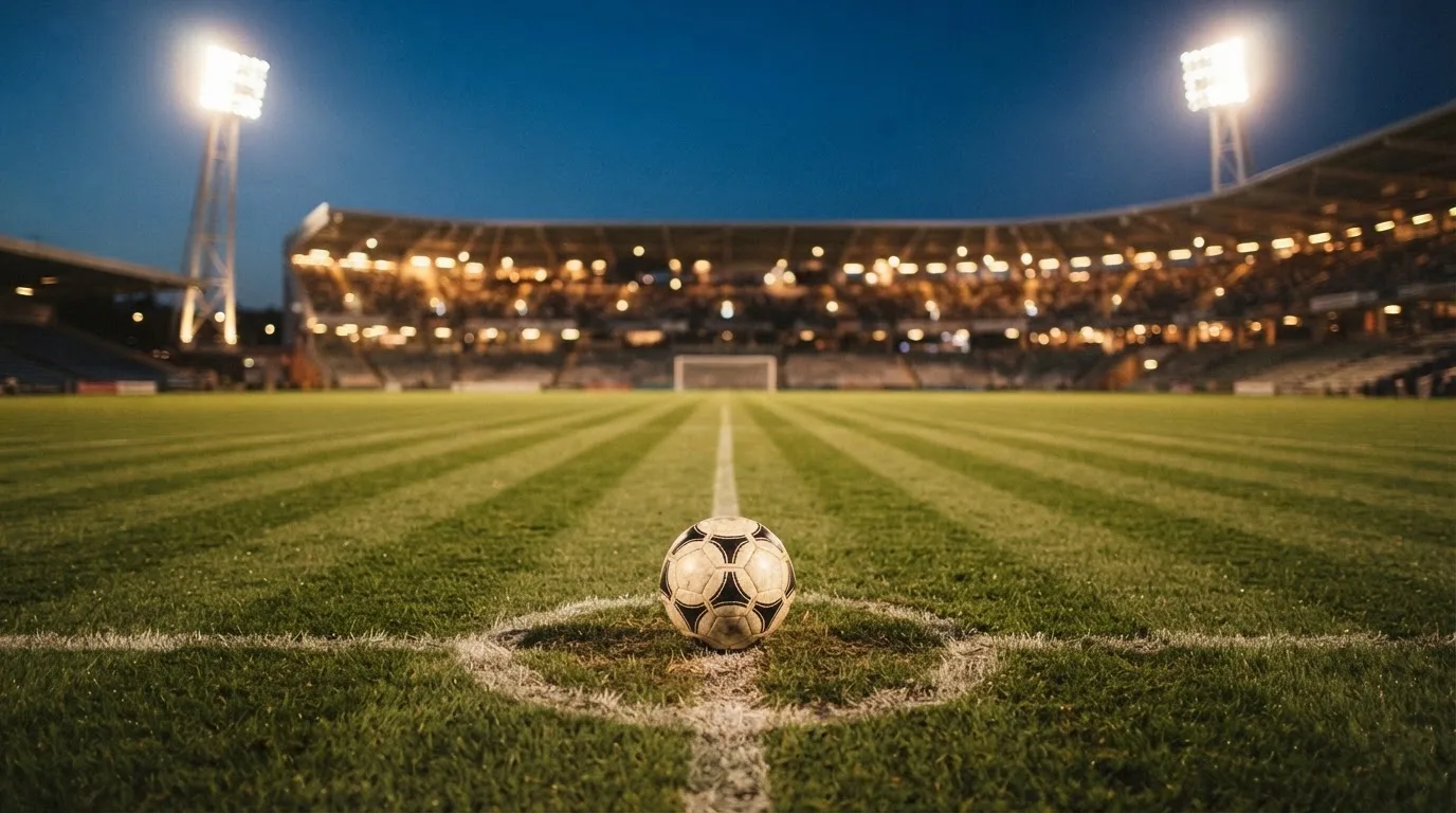 Ein Fußball liegt auf dem Rasen eines leeren Platzes, im Hintergrund ein Stadion unter Flutlicht in der Abenddämmerung.