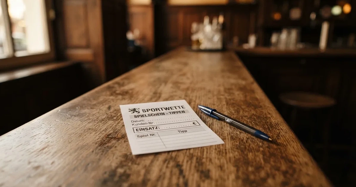 Ein leerer Wettschein aus Papier liegt neben einem Stift auf einer hölzernen Theke, weiches Licht fällt von der Seite ein.