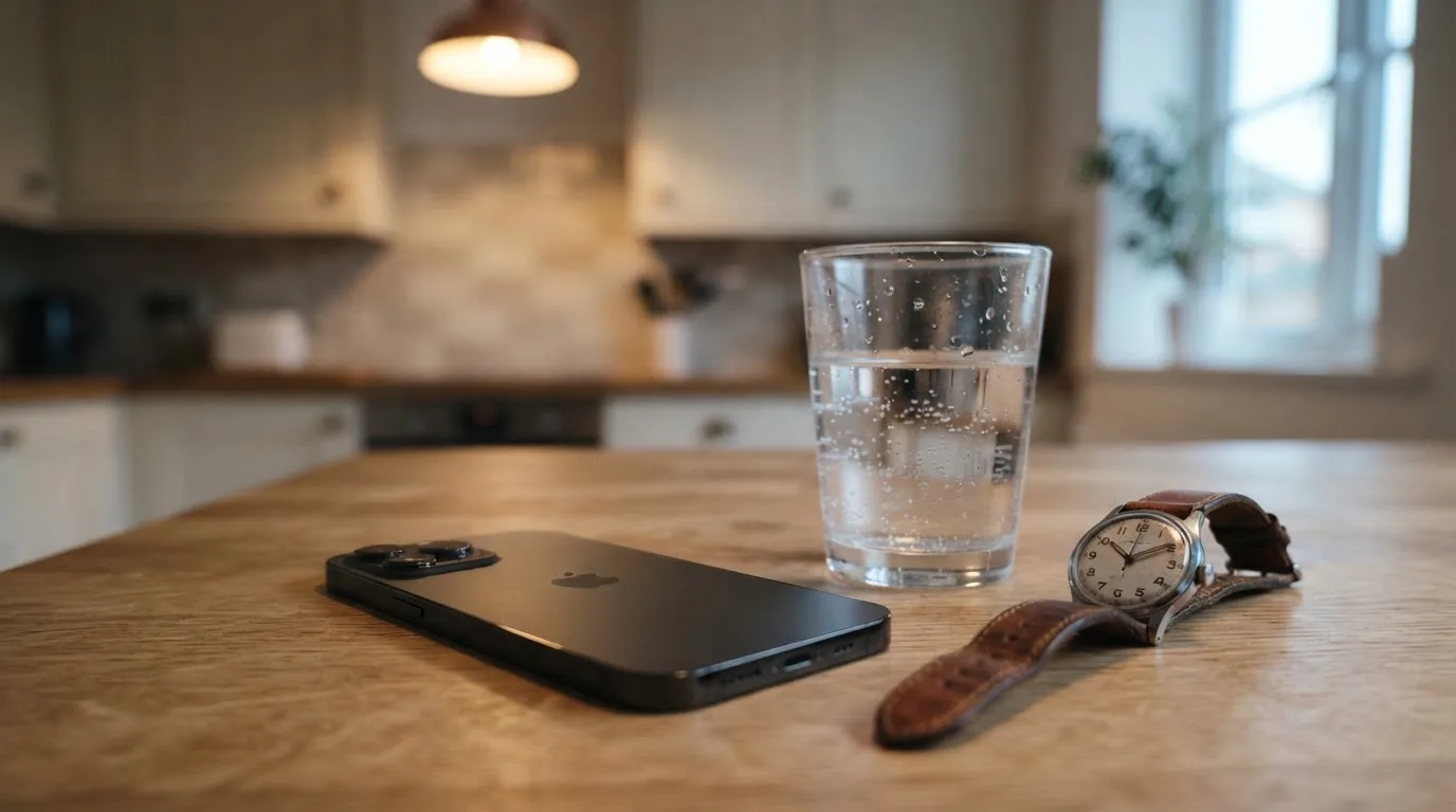 Ein Smartphone liegt mit dem Display nach unten auf einem Küchentisch, daneben stehen ein Glas Wasser und eine Armbanduhr.