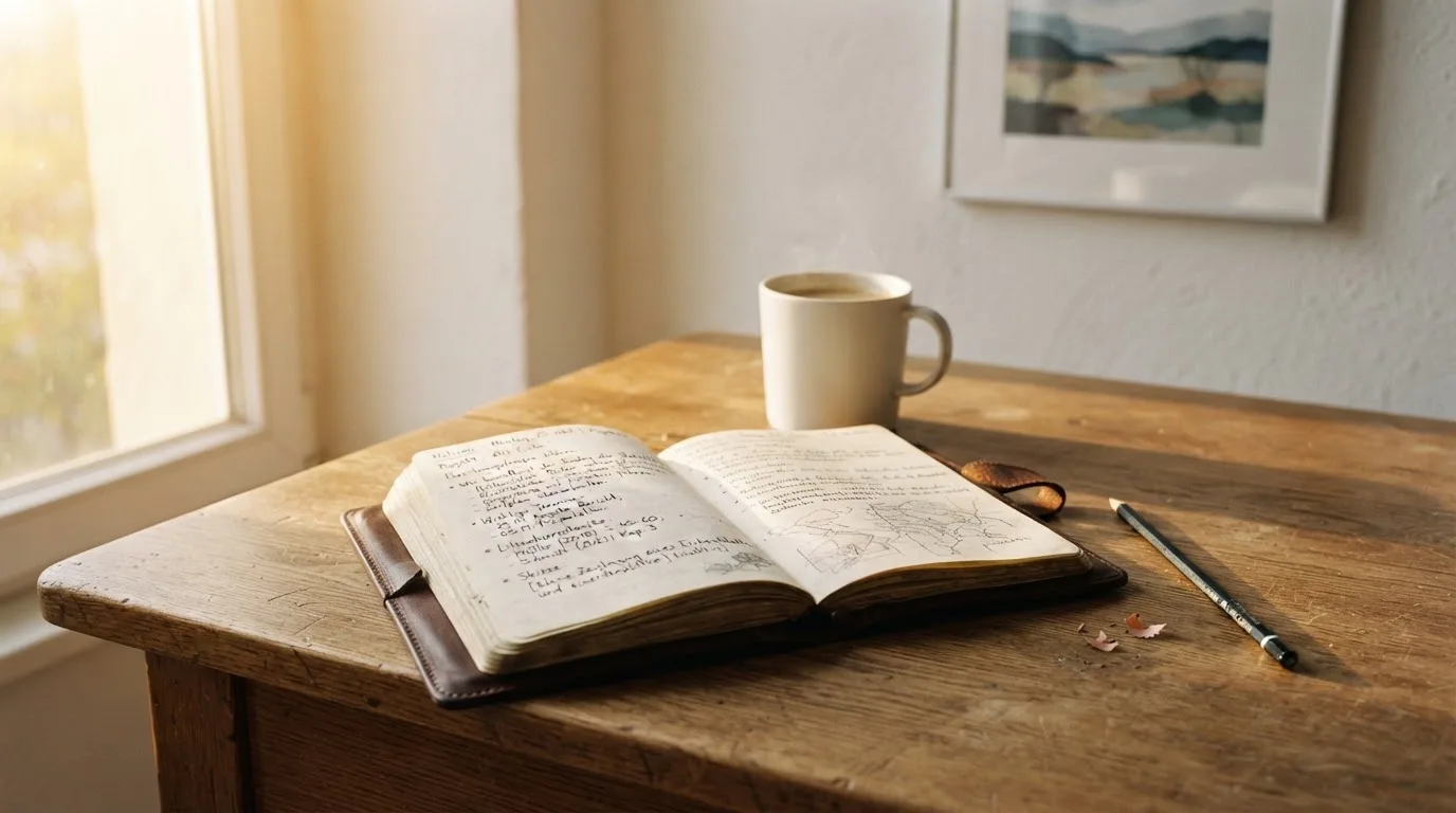 Ein Notizbuch mit handschriftlichen Notizen und ein Bleistift liegen auf einem Schreibtisch am Fenster, draußen fällt Morgenlicht herein.