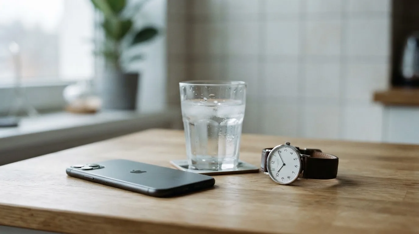 Ein Smartphone liegt mit dem Display nach unten auf einem Küchentisch, daneben stehen ein Glas Wasser und eine Armbanduhr.