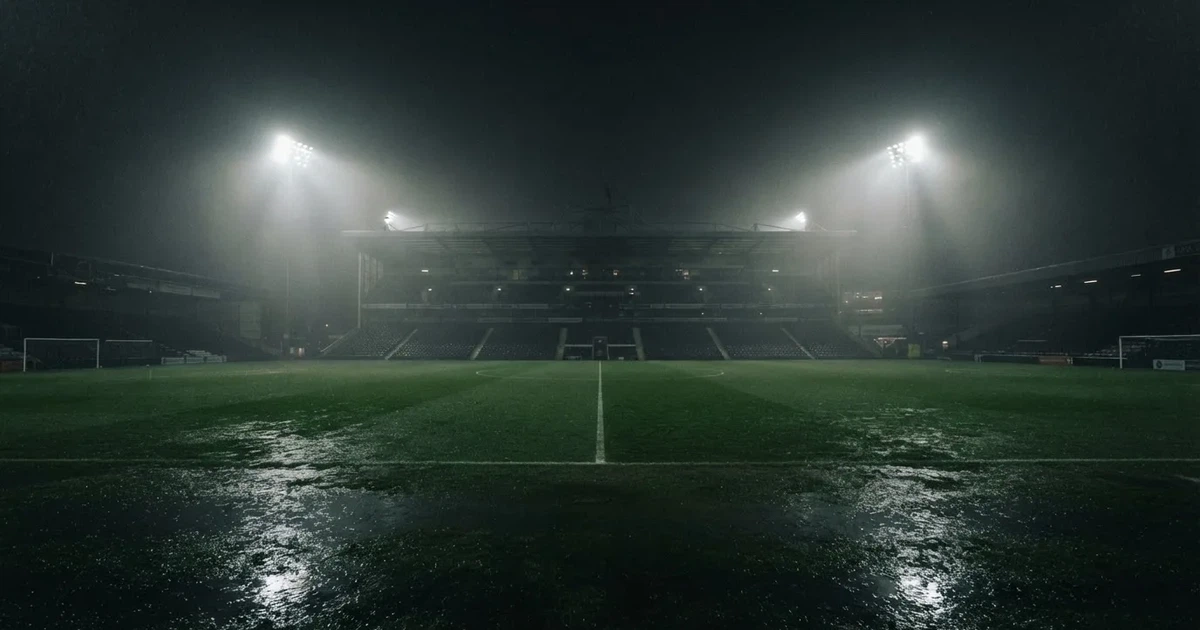 Ein Stadion unter Flutlicht, aus großer Entfernung über eine dunkle Wiese fotografiert, am Himmel zieht Nebel auf.