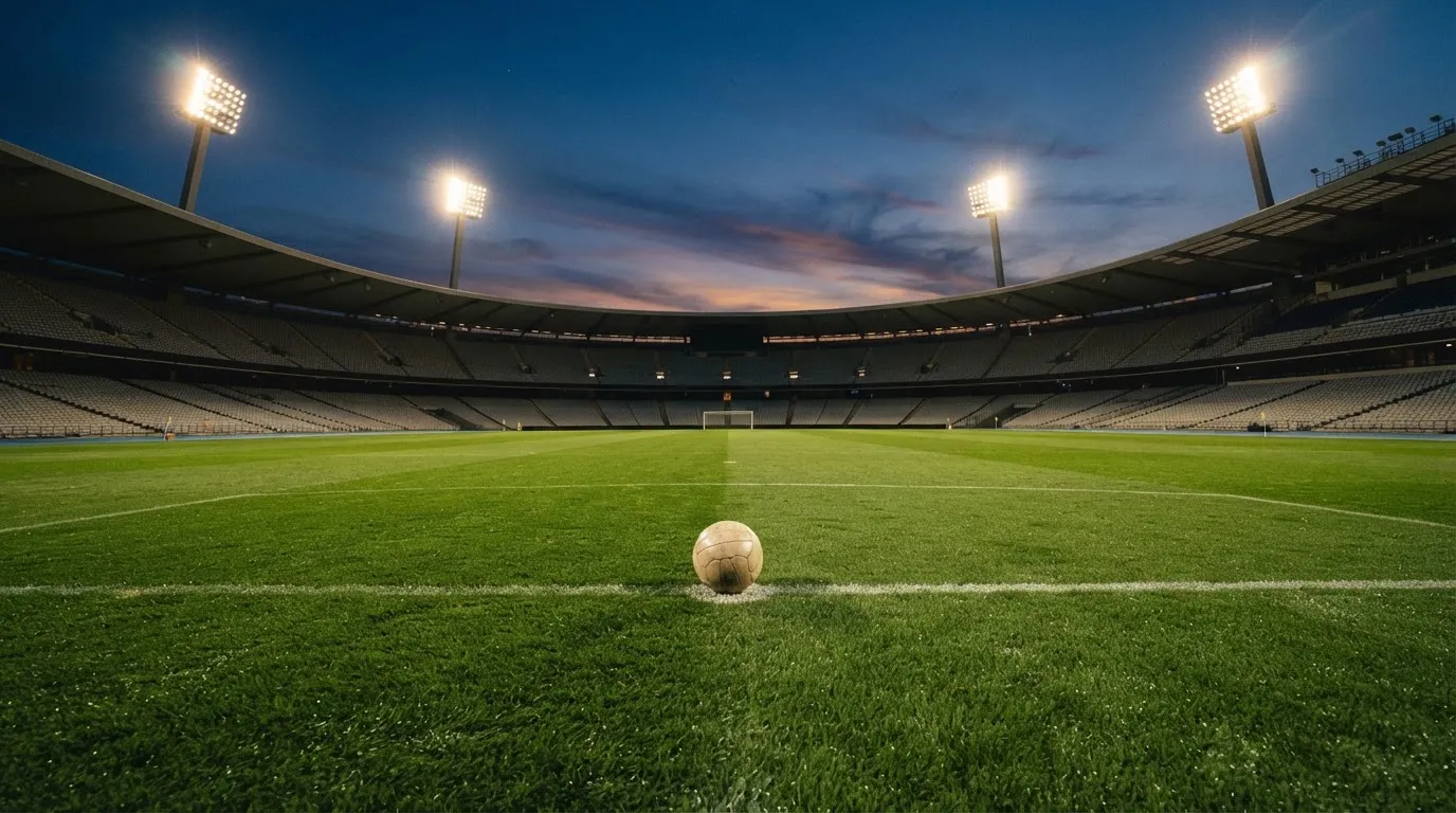 Ein Fußball liegt auf dem Anstoßpunkt eines leeren Rasenplatzes, im Hintergrund steht ein Stadion unter Flutlicht in der Dämmerung.