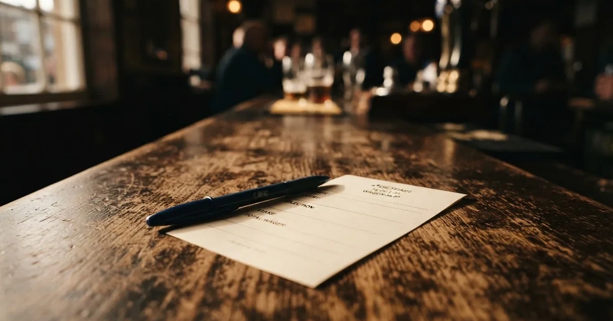 Ein leerer Wettschein aus Papier liegt neben einem Stift auf einer hölzernen Theke, weiches Licht fällt von der Seite ein.