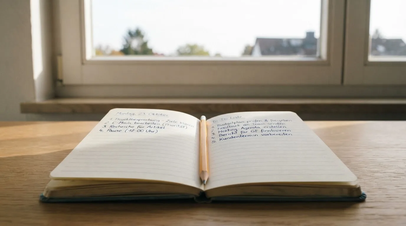 Ein Notizbuch mit handschriftlichen Notizen und ein Bleistift liegen auf einem Schreibtisch am Fenster, draußen fällt Morgenlicht herein.