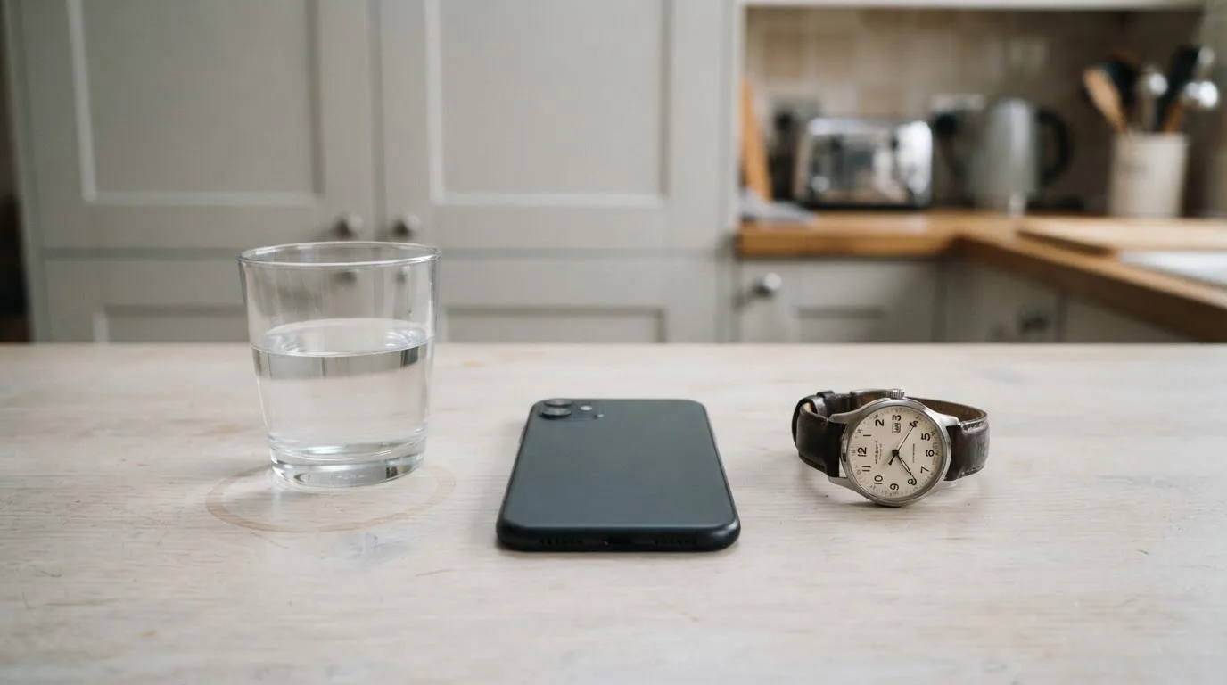 Ein Smartphone liegt mit dem Display nach unten auf einem Küchentisch, daneben stehen ein Glas Wasser und eine Armbanduhr.