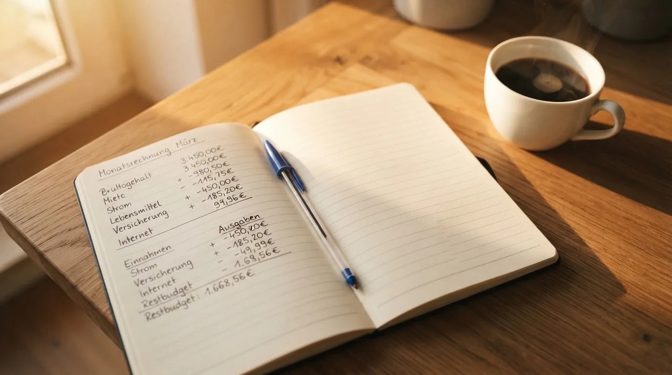 Ein Notizbuch mit handschriftlichen Rechnungen und ein Taschenrechner liegen auf einem Schreibtisch neben einer Tasse Kaffee im Licht des frühen Morgens.