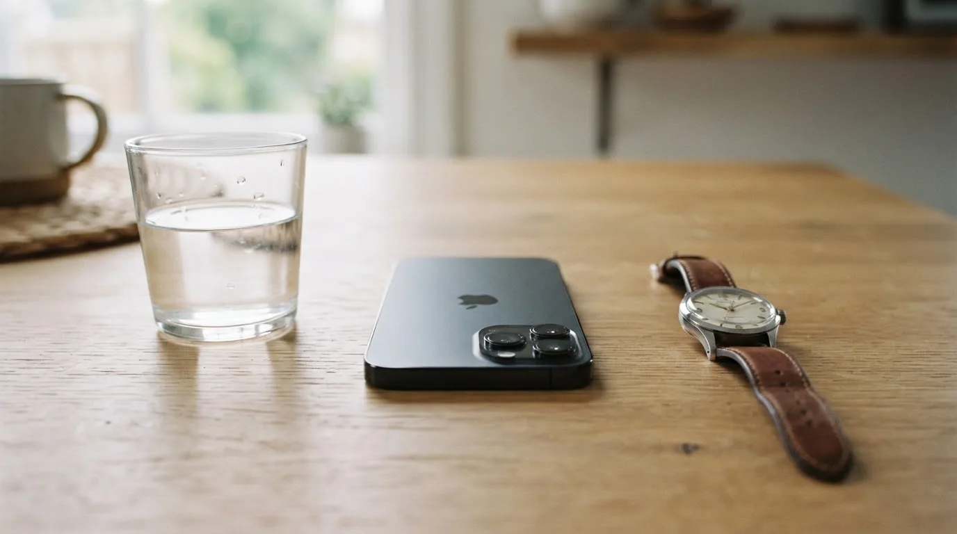 Ein Smartphone liegt mit dem Display nach unten auf einem Küchentisch, daneben stehen ein Glas Wasser und eine Armbanduhr.