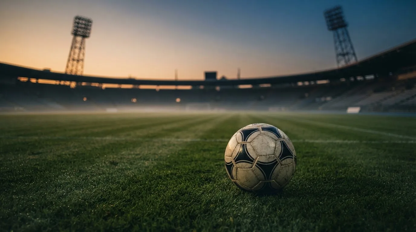Ein Fußball liegt auf dem Rasen eines leeren Platzes, im Hintergrund ein Stadion unter Flutlicht in der Abenddämmerung.