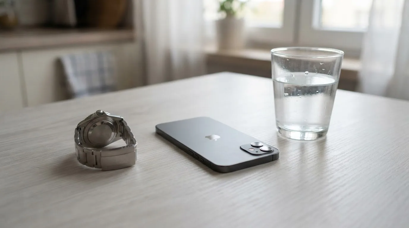 Ein Smartphone liegt mit dem Display nach unten auf einem Küchentisch, daneben stehen ein Glas Wasser und eine Armbanduhr.