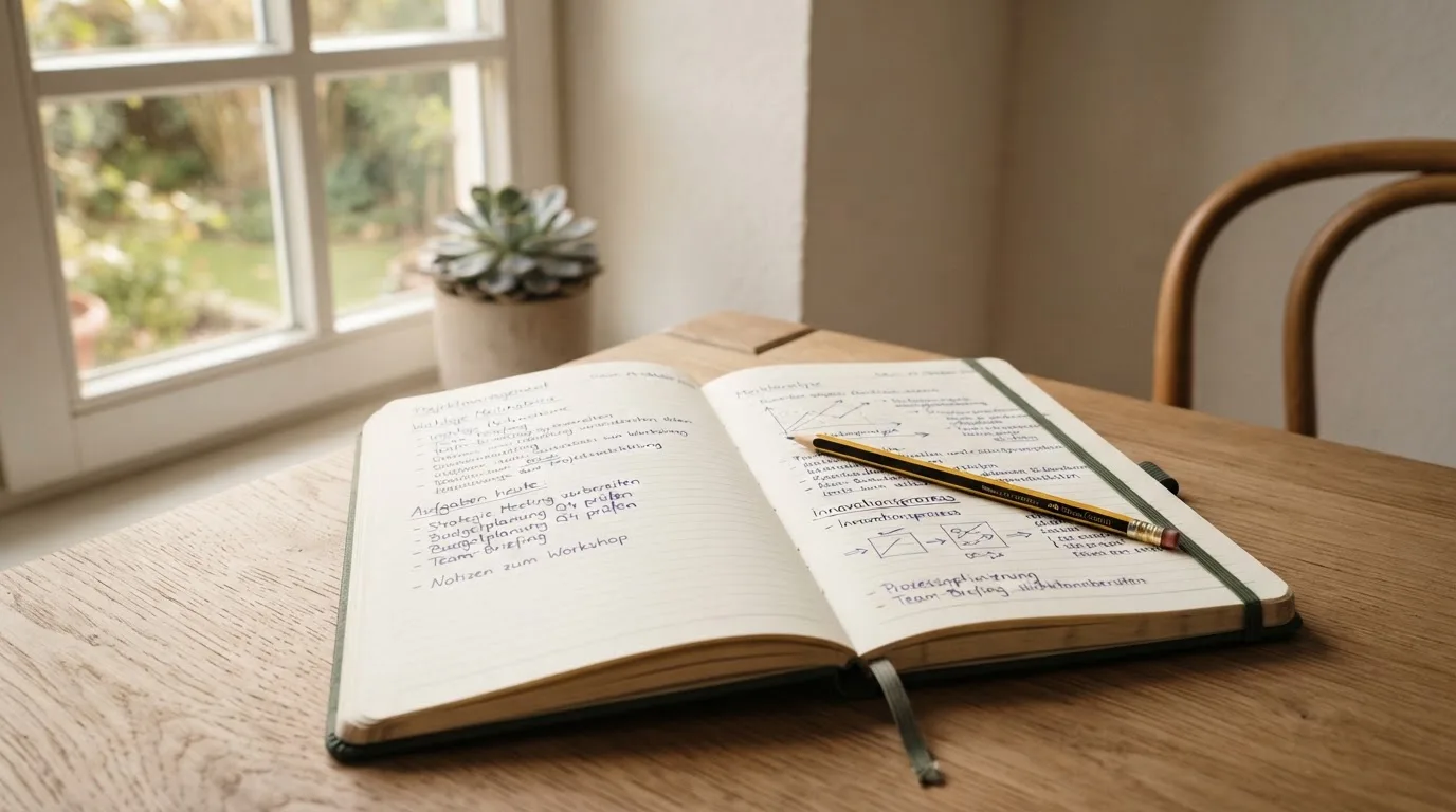 Ein Notizbuch mit handschriftlichen Notizen und ein Bleistift liegen auf einem Schreibtisch am Fenster, draußen fällt Morgenlicht herein.