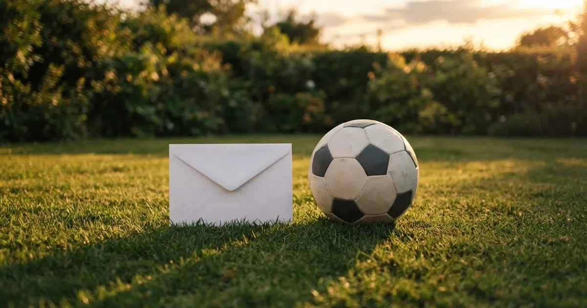 Ein verschlossener leerer Briefumschlag liegt neben einem Fußball auf grünem Rasen im warmen Licht des Nachmittags.